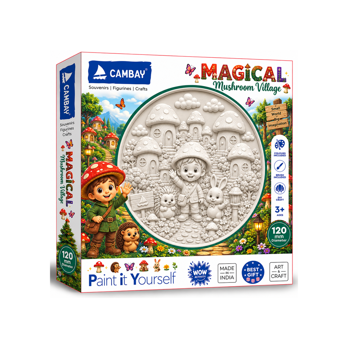 Cambay Magical Mushroom Village 'Paint it Yourself' craft kit box, showing a white circular relief of a mushroom village scene on the front, with colorful illustrated artwork and product details.